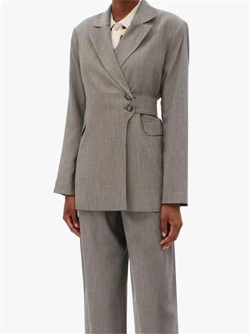 

Костюм женский из блейзера и брюк, официальный хлопковый пиджак с поясом для офиса и выпускного вечера, жакет серого цвета, на весну, 2023