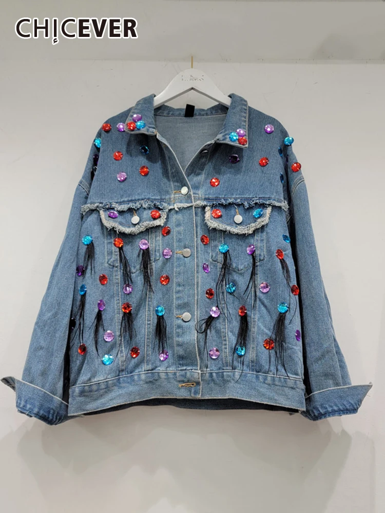 

CHICEVER Patchwork Embroidered Flares Denim Coats For Women Lapel Long Sleeve Spliced Feathers Hit Color Chic Jackets Female New