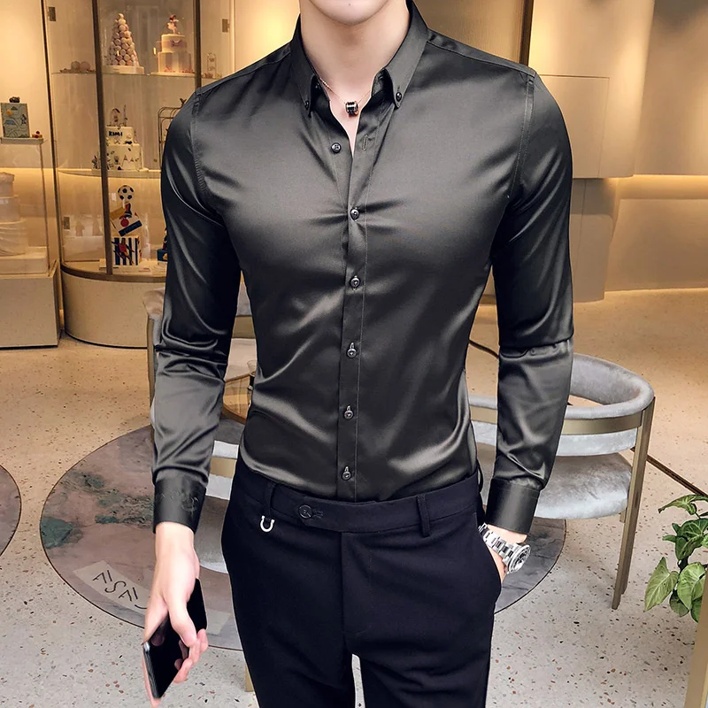 

Neckline Embroidery Mens Shirts Long Sleeve Casual Slim Fit Men Dress Solid Color Formal Business Social Clothing Blouse