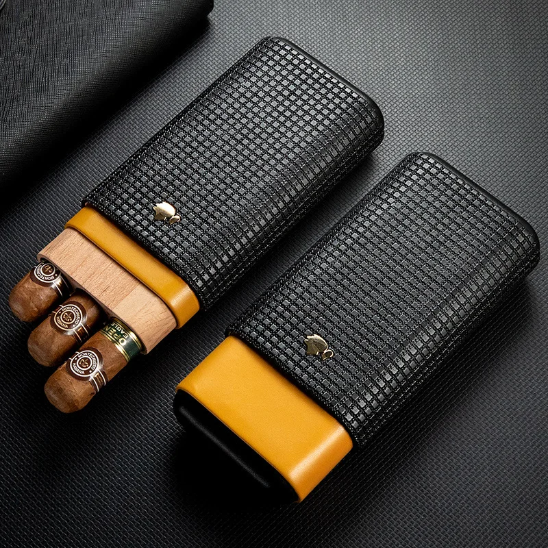 

Portable Cigar Case Leather Humidor Cedar Wood Cigar Box Fit 3 Cigars Storage Men's Light Travel Cigar Set