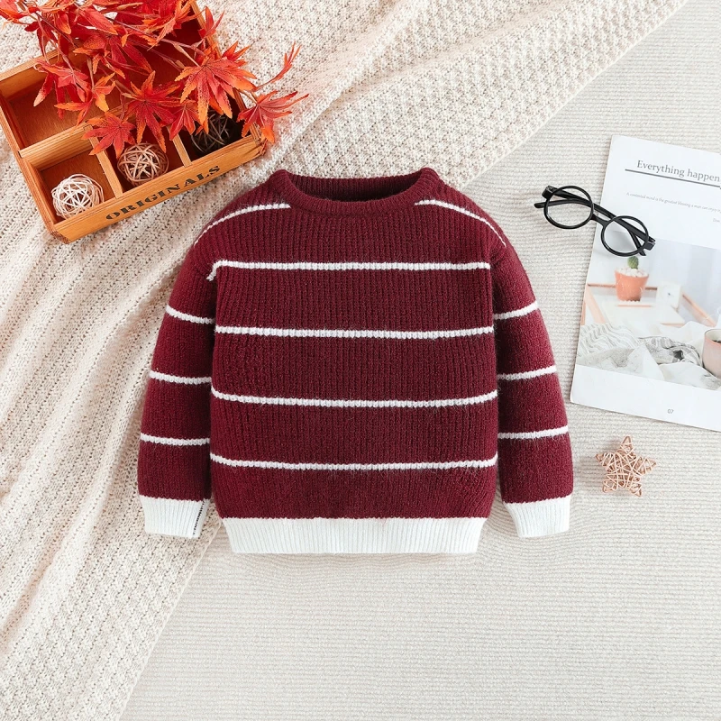 

Boys Woolen Sweater Crochet Cotton Knitting Windbreak 2023 Red Wine Warm Thicken Autumn Winter Pullover Children's Clothing