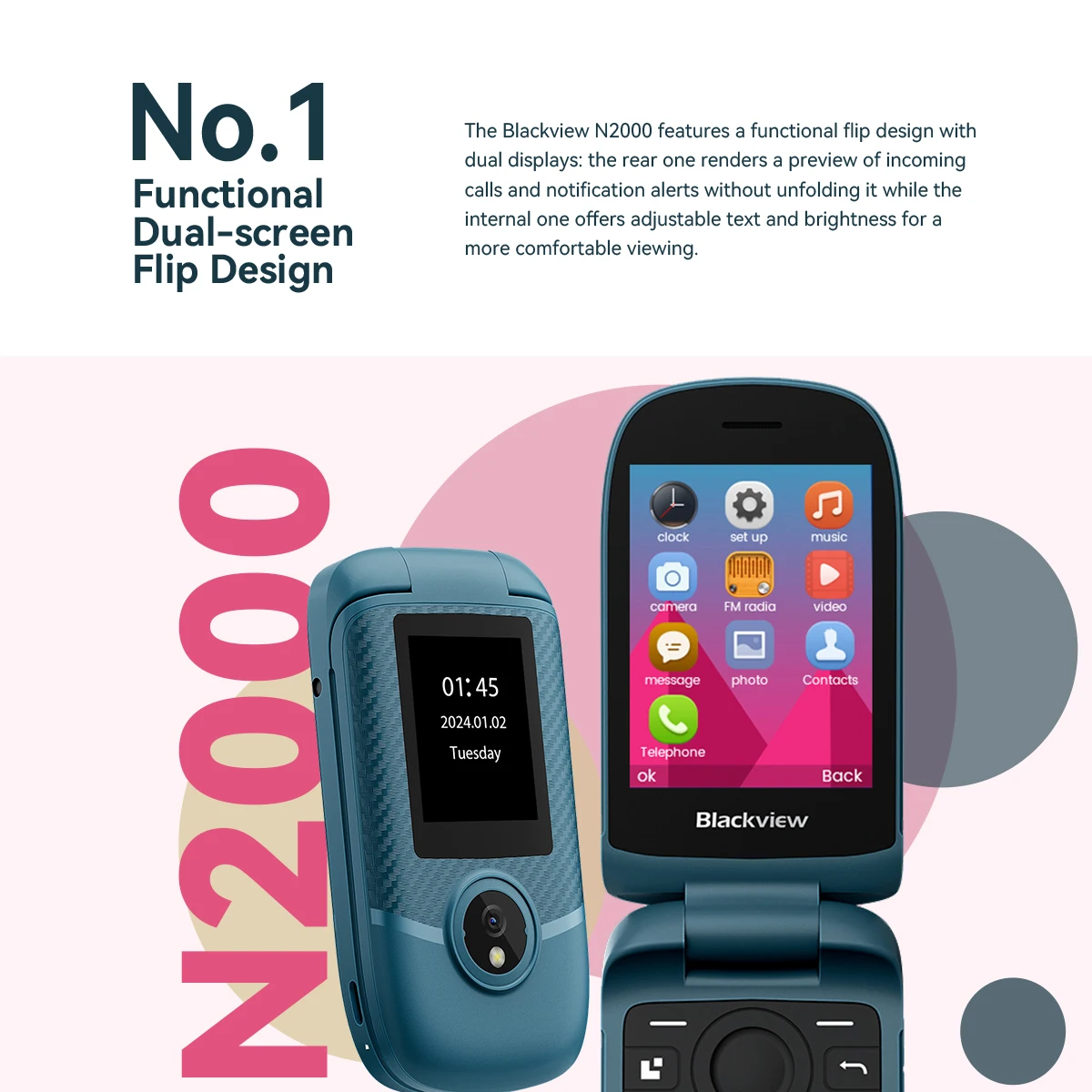 Blackview-Téléphone portable à rabat N2000, deux écrans, 2.8 pouces, appel rapide SOS, bouton poussoir plié 3