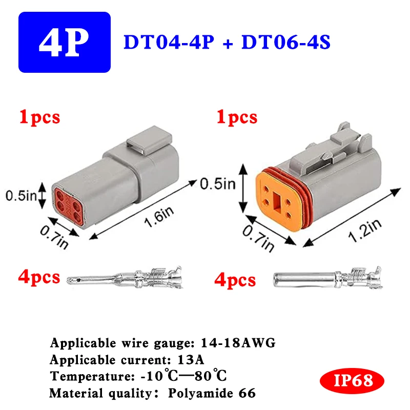 Deutsch DT Connector 4Pin Waterproof Electrical Wire Connector DT04-4P DT06-4S With Terminal Contacts 14-20AWG And Sealing Plugs 
Deutsch DT Connector 4Pin Waterproof Electrical Wire Connector DT04-4P DT06-4S With Terminal Contacts 14-20AWG And Sealing Plugs