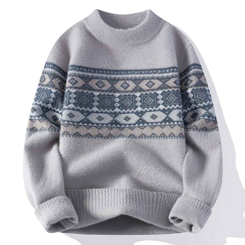 

Autumn Winter Men's Fashion Jacquard Knitwear Handsome Warm Sweater Round Neck Long Sleeve Color Matching Loose Bottoming Shirt