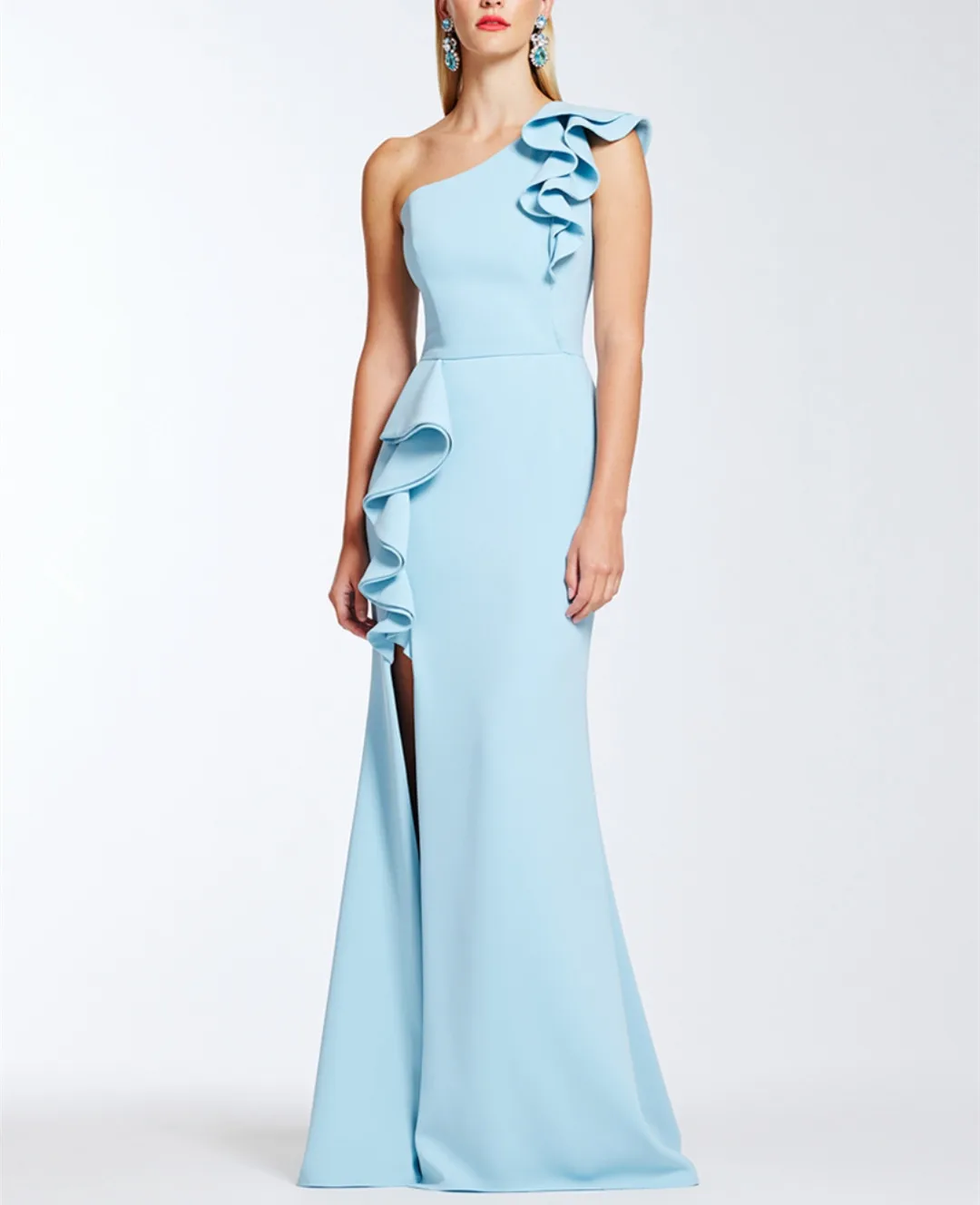

Elegant Long Light Blue Crepe Prom Dresses With Slit Mermaid Ruffled Watteau Train Evening Dress Robes de Soirée for Women