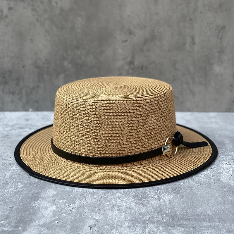 

Summer Sun Hat Ladies Fashion Girl Straw Hat Ribbon Bow Beach Hat Casual Grass Flat Top Panama Beach Hat Bone Womens Visor Cap