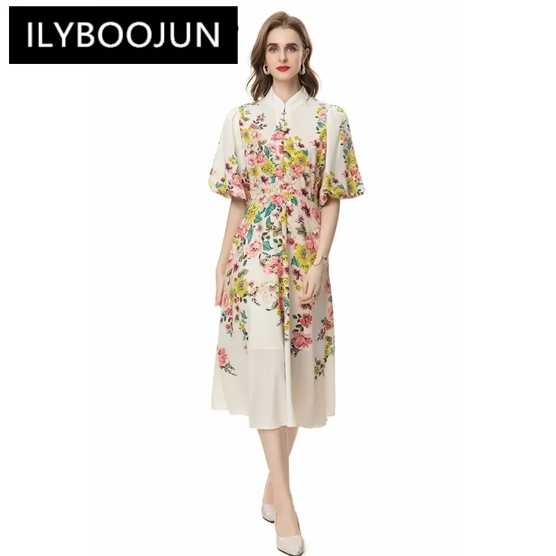

ILYBOOJUN Summer High Quality New Arrivals Women Dress Vintage Floral Print Sashes Mandarin Collar Puff Sleeve Mid-Calf Dresses