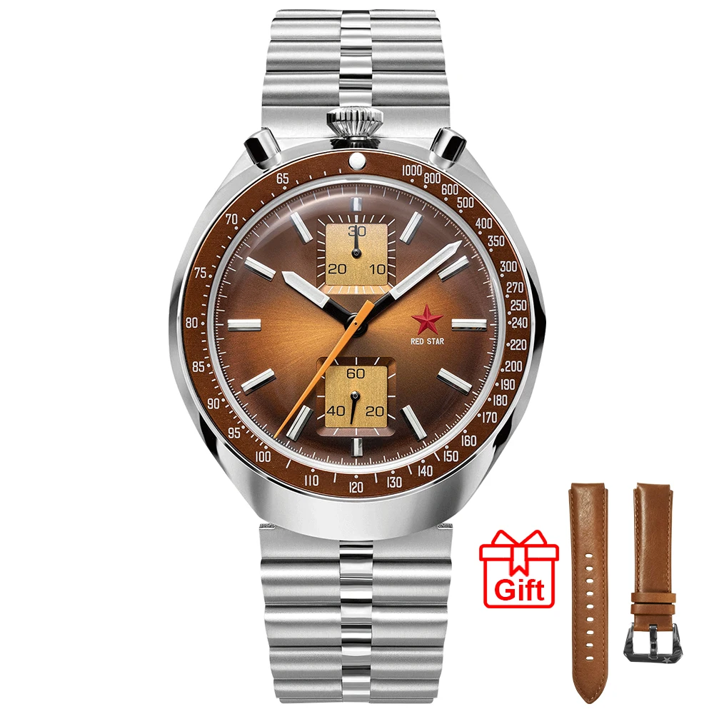 

RED STAR 42mm Bullhead Men 1963 Chronograph Luminous With Seagull ST1901 Movement Mechanical Wristwatches Stainless Steel Strap
