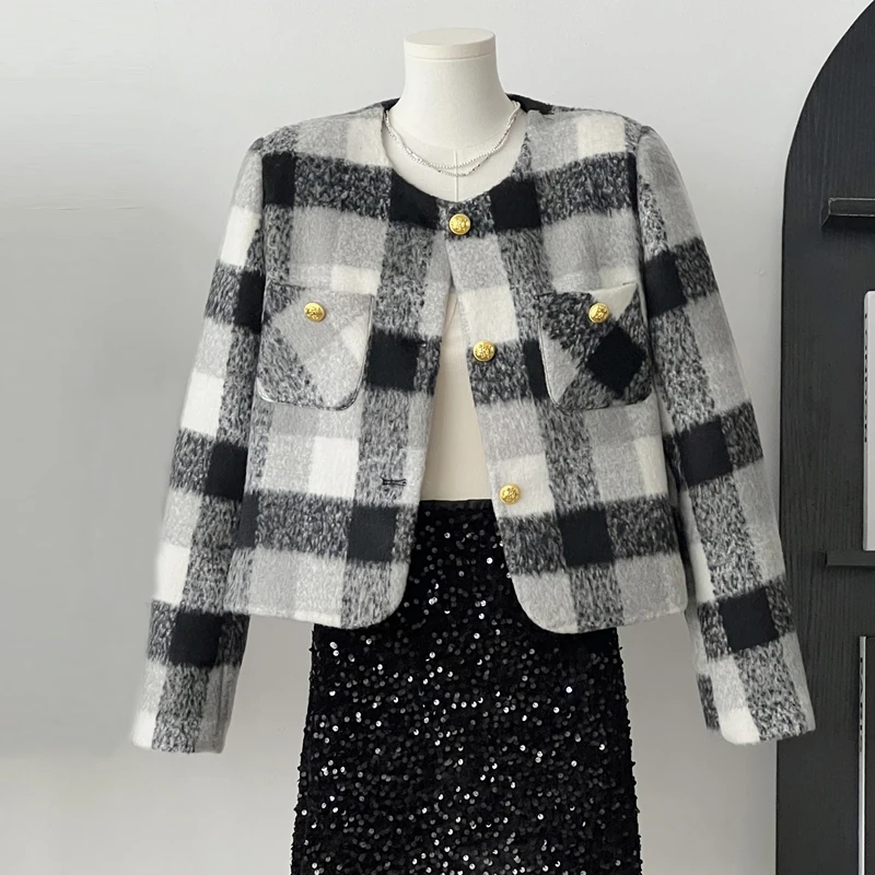

Black And White Plaid Vintage Jacket Coat New Autumn Winter Fashion High Street Small Fragrance Woolen Short Check Outerwear