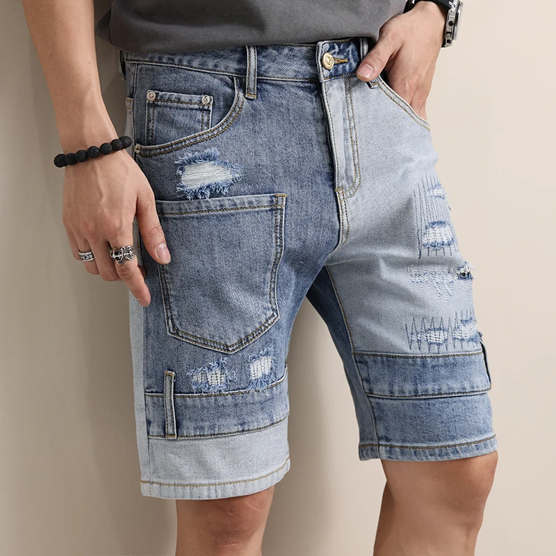 

2024 influx of new embroidered men's denim shorts broken holes elastic Slim patchwork patches casual straight pants