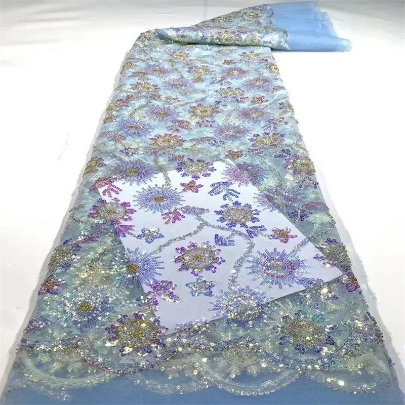2024 High-End Handmade Beaded Lace Fabric France Sequins Embroidery 3D Beads Nigerian Bridal Mesh Lace Fabric For Sewing Blue 
2024 High-End Handmade Beaded Lace Fabric France Sequins Embroidery 3D Beads Nigerian Bridal Mesh Lace Fabric For Sewing Blue