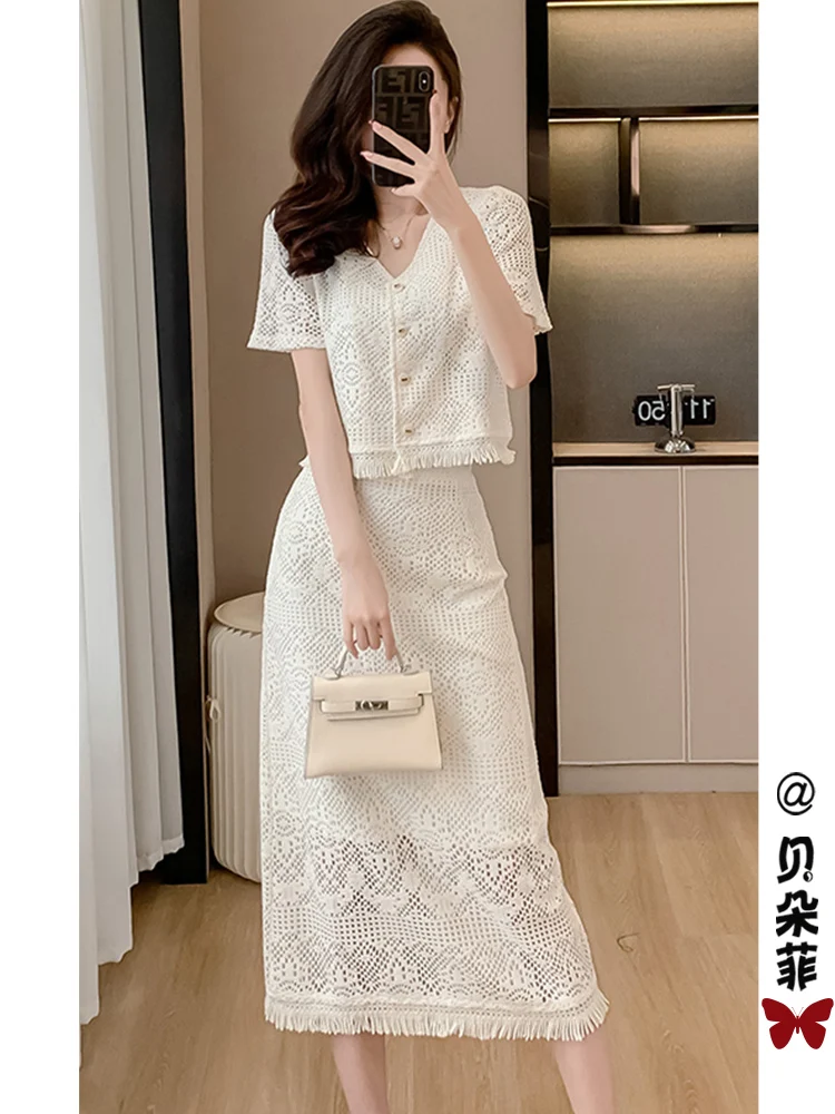 Трендовый шикарный костюм из двух предметов с французским кружевом на лето, красивый костюм с юбкой миди, Женский костюм из двух предметов