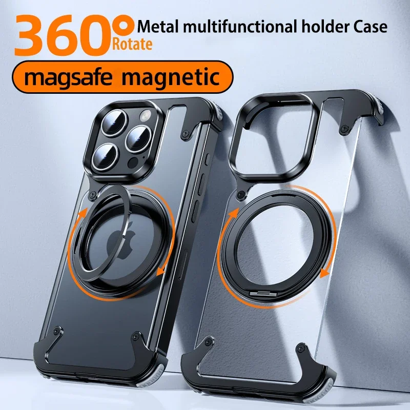 

For iPhone 15 Pro Max Aluminum Alloy Magnetic Magsafe Stand Rimless Phone Case Metal Holder Shell Frosted Matte leather Cover