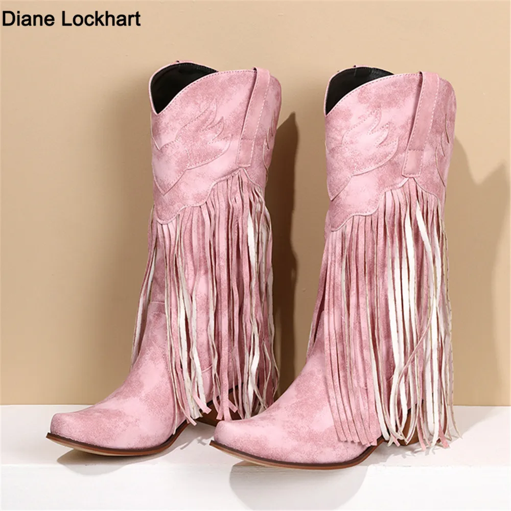 

2023 New Pink Tassels Fringe Mid-Calf Western Cowboy Boots For Women Vintage Retro Point Toe Cowgirl Booties Slip On Shoes Blue