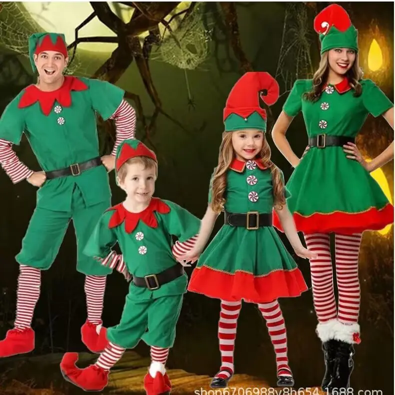 

Одежда детская Рождественская одежда эльфа косплей одежда для родителей и детей фестиваль для взрослых мужчин и женщин зеленый Рождество