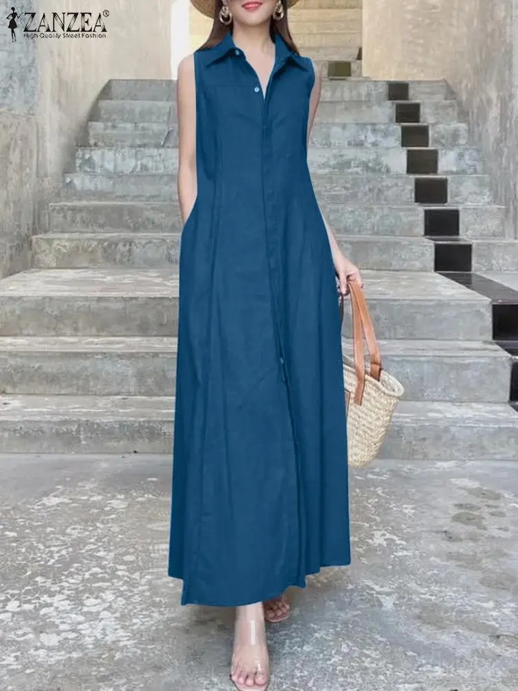 

Fashion Holiday Maxi Dress ZANZEA Summer Oversize Sundress Women Short Sleeve Lapel Vestidos Casual Button Down Robe Kaftan