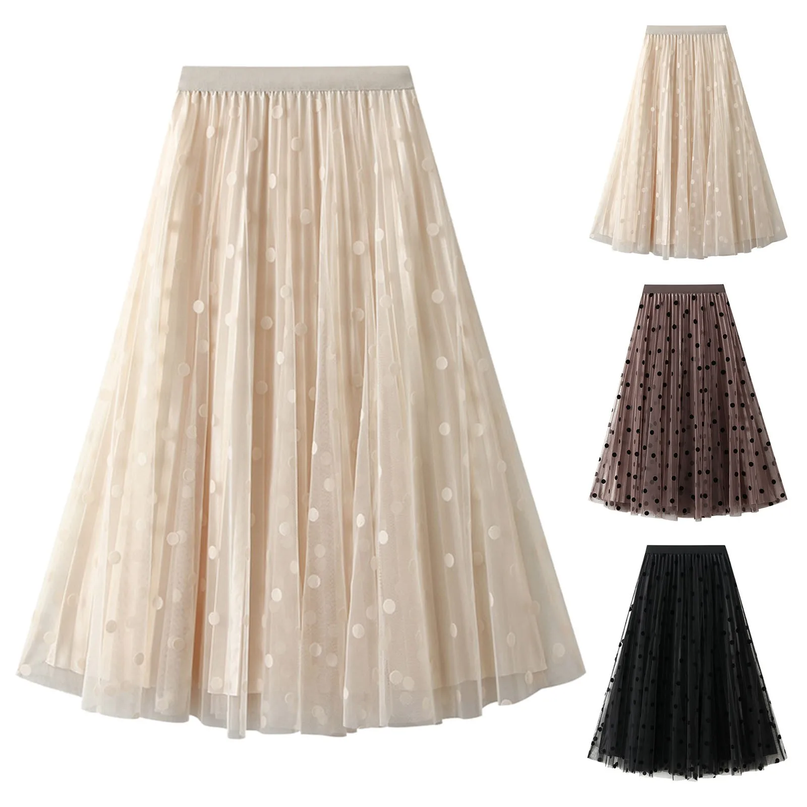 

Women's Solid Color Polka Dot Mesh Half Bodies Skirt New High Waisted Draped Pleated Skirts Large Hem A-line Skirt For Women