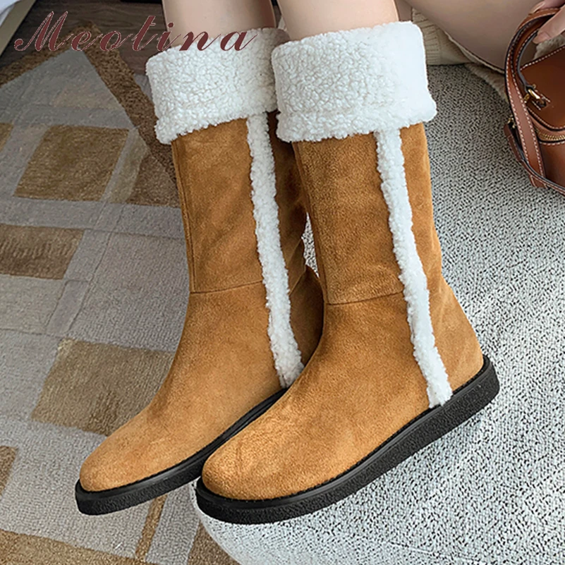 Meotina Women Genuine Leather Knee High Long Boots Round Toe Fur Flats Cow Suede Snow Boots Ladies Fashion Shoes Winter Brown 
Meotina Women Genuine Leather Knee High Long Boots Round Toe Fur Flats Cow Suede Snow Boots Ladies Fashion Shoes Winter Brown