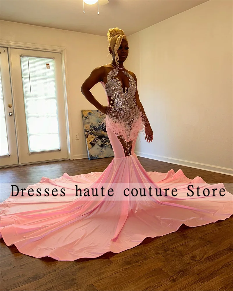 

Sexy Black Girl Long Mermaid Prom Dresses 2023 Luxury Beaded Crystals See Through Women Feather For Birthday Party Dress