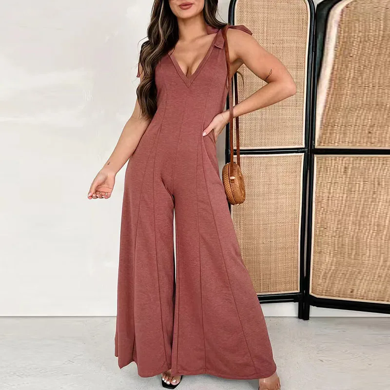 

Summer Casual Bow Strap Flare Pants One Piece Overall Sexy Women Deep V-Neck Slim Bodysuit 2024 Beach Solid Color Long Jumpsuit
