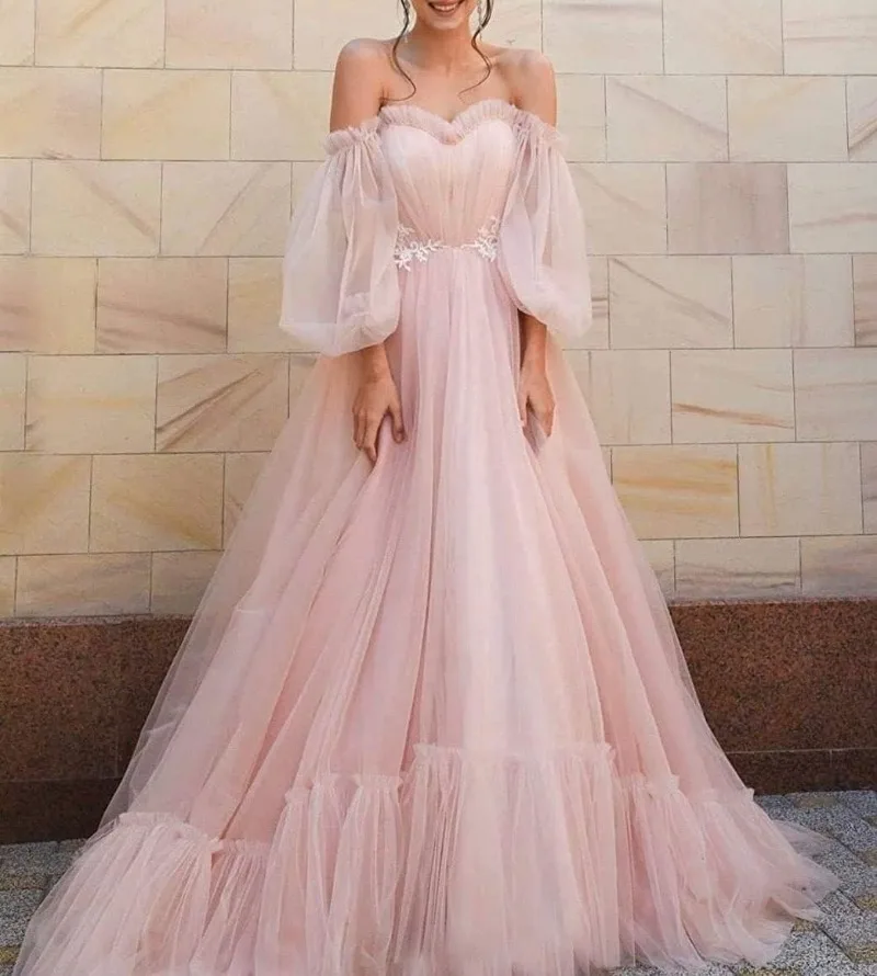 

Women's Off Shoulder Long Puffy Sleeve Prom Dress Ruched Tulle Long Sweetheart A Line Princess Ball Gown Mesh Party Dresses