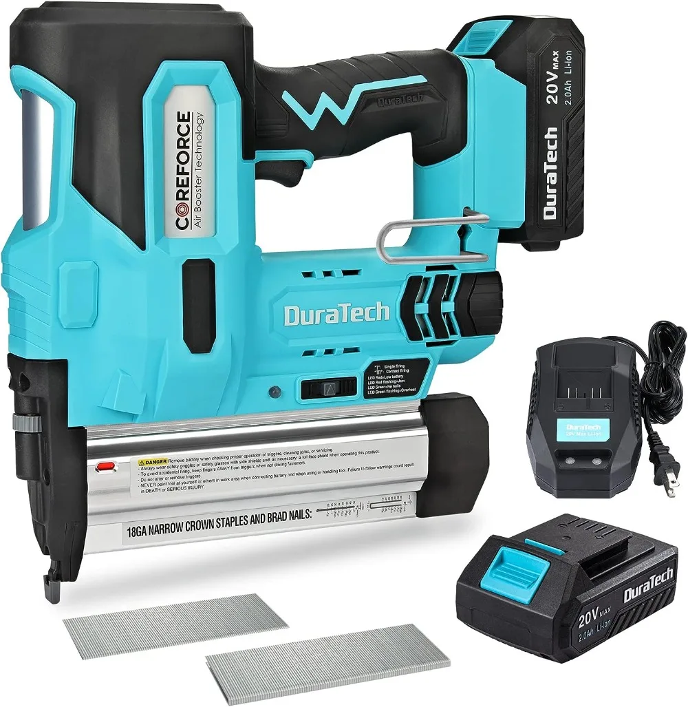 

DURATECH 20V Cordless Brad Nailer, 18 Gauge, 2-in-1 Nail/Staple Gun for Upholstery, Carpentry, Including 2.0Ah Rechargeable