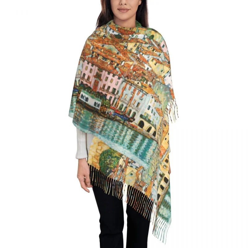 

Stylish Gustav Klimt Malcesine On Lake Garda Tassel Scarf Women Winter Warm Shawl Wrap Female Painting Art Scarves