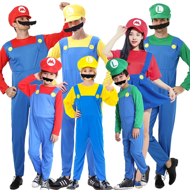 

Odyssey Super Luigi Brothers Cosplay Costume Marios Adult Children's Jumpsuit Beard Hat Set Halloween Costume