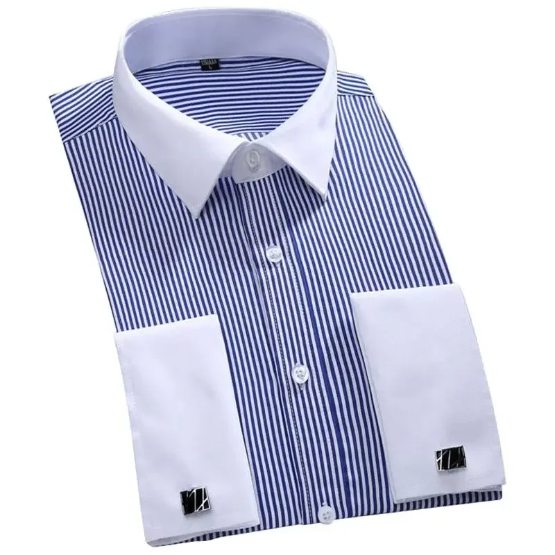 

France Cufflinks Mens Social Shirts Long Sleeve Tuxedo Classic Contrast Collar Striped Solid Shirt for Men Business M~6XL
