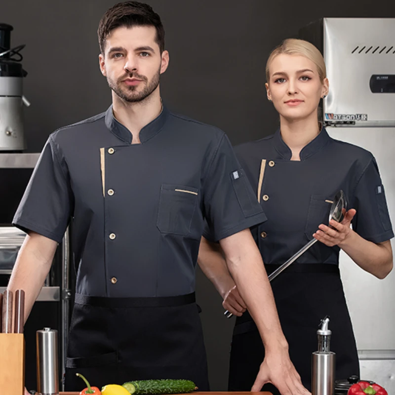 

Men short sleeve Chef uniform apron Summer Chef shorts Jacket Breathable Chef coat Restaurant Kitchen black work clothes logo