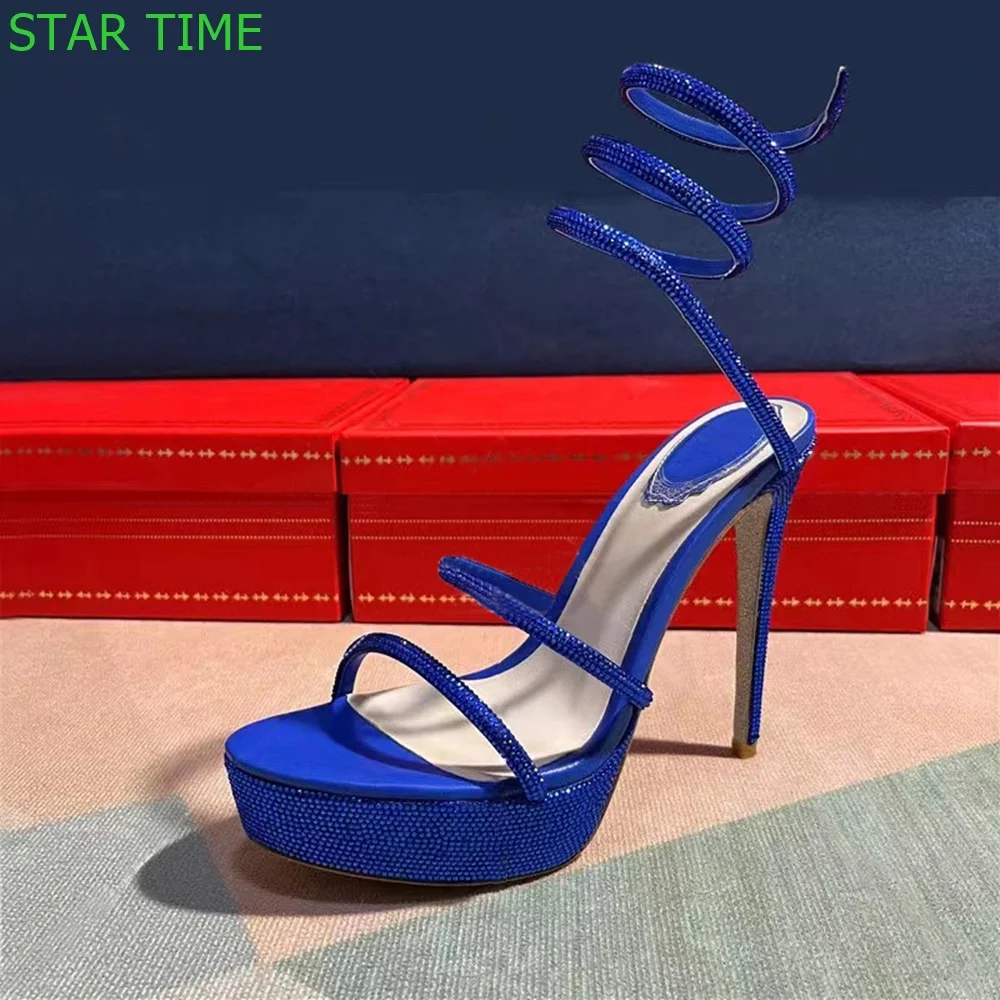 

Crystal Bling Open Toe Platform Sandal 2024 Summer New Casual Snake-Shaped Winding High Heel Sandals Fashion Women Sandals