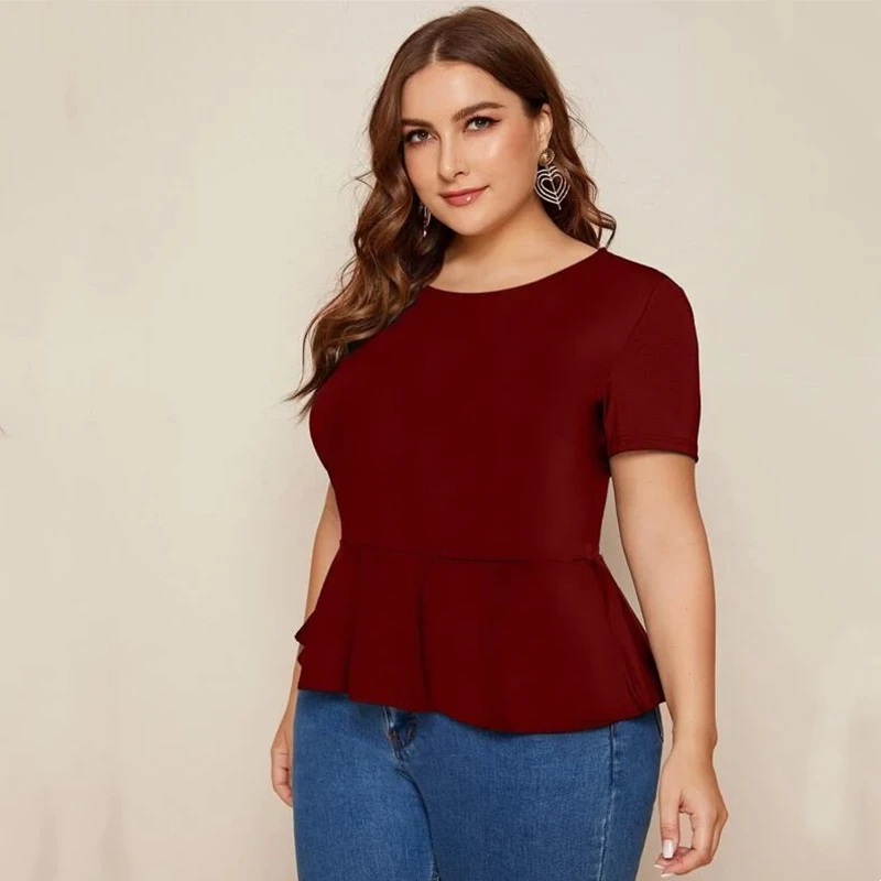 

Plus Size Elegant Peplum Top Women Short Sleeve Keyhole Back Ruffle Blouse Female Large Size Casual Red T-shirt Tee 6XL 7XL 8XL