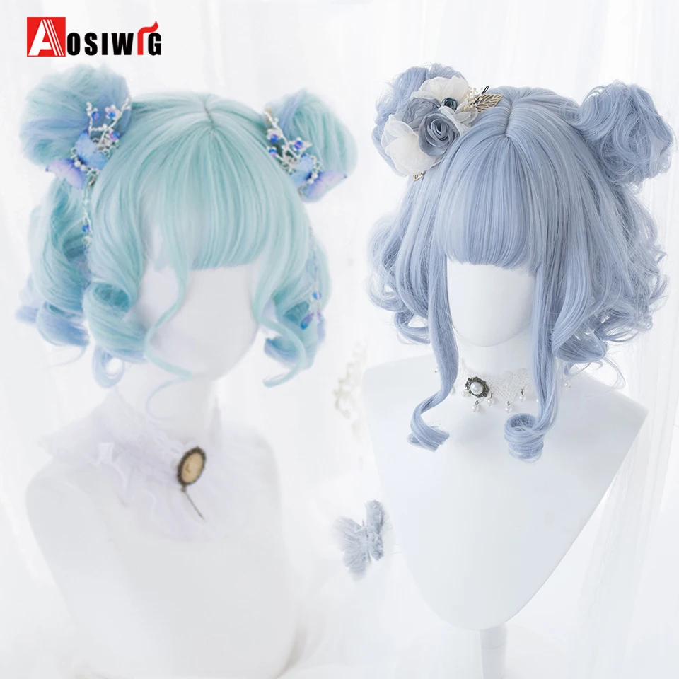 

AOSI Synthetic Women Lolita Wavy Curly Ombre Blue Mint Color Short Wigs With Bangs Cosplay Hair Wig For Daily Party