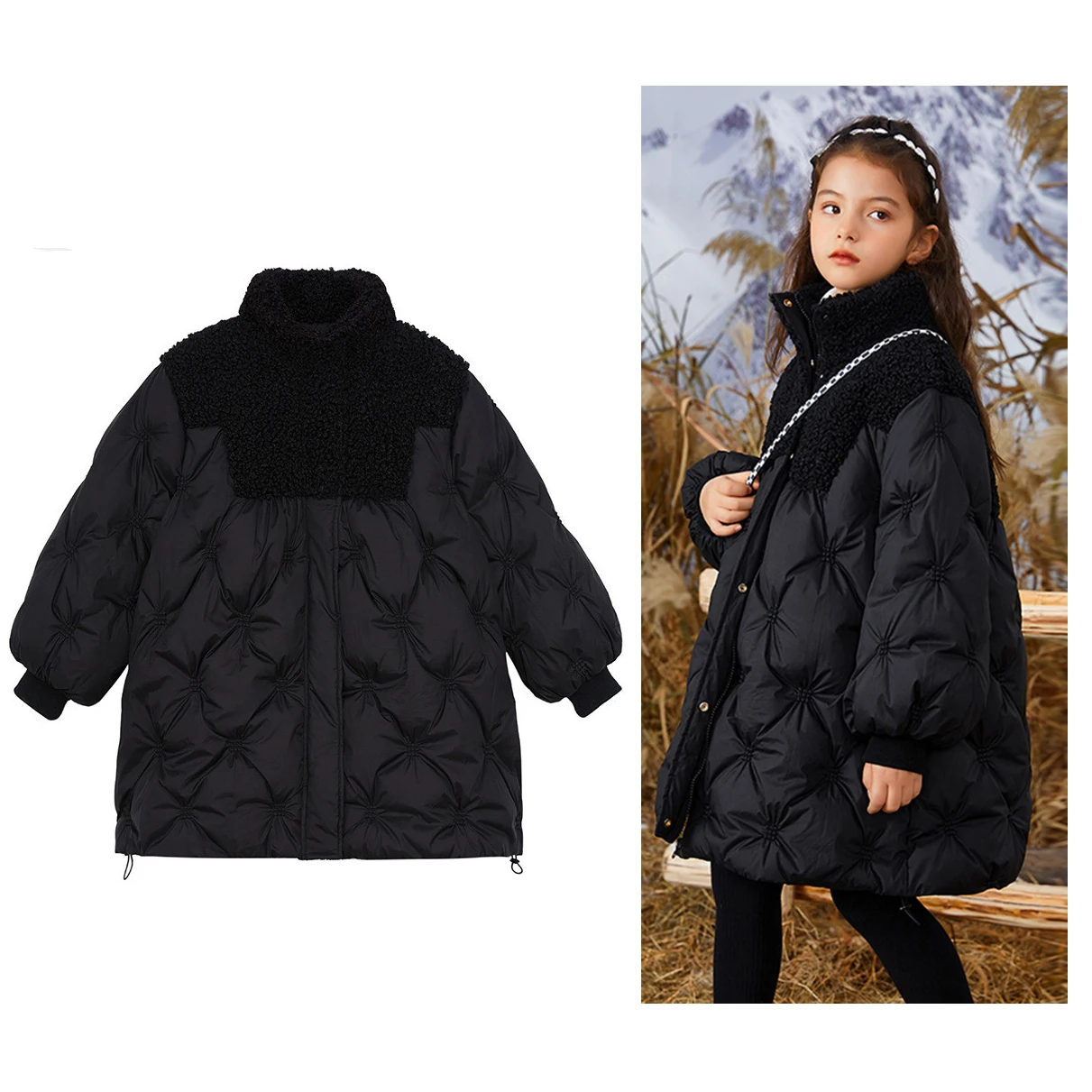 

2023 Children Winter Down Cotton Jacket Lamb Wool Girl Long Clothing Kids Black Clothes Thicken Warm Parka Snowsuit Outerwear