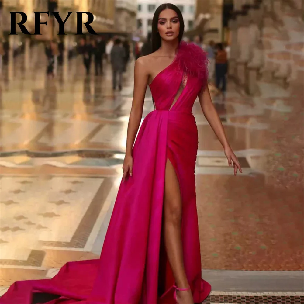 

RFYR Fuchsia Prom Dress Feather One Shoulder Evening Dress For Women High Split Evening Gown with Split Stain вечернее платье