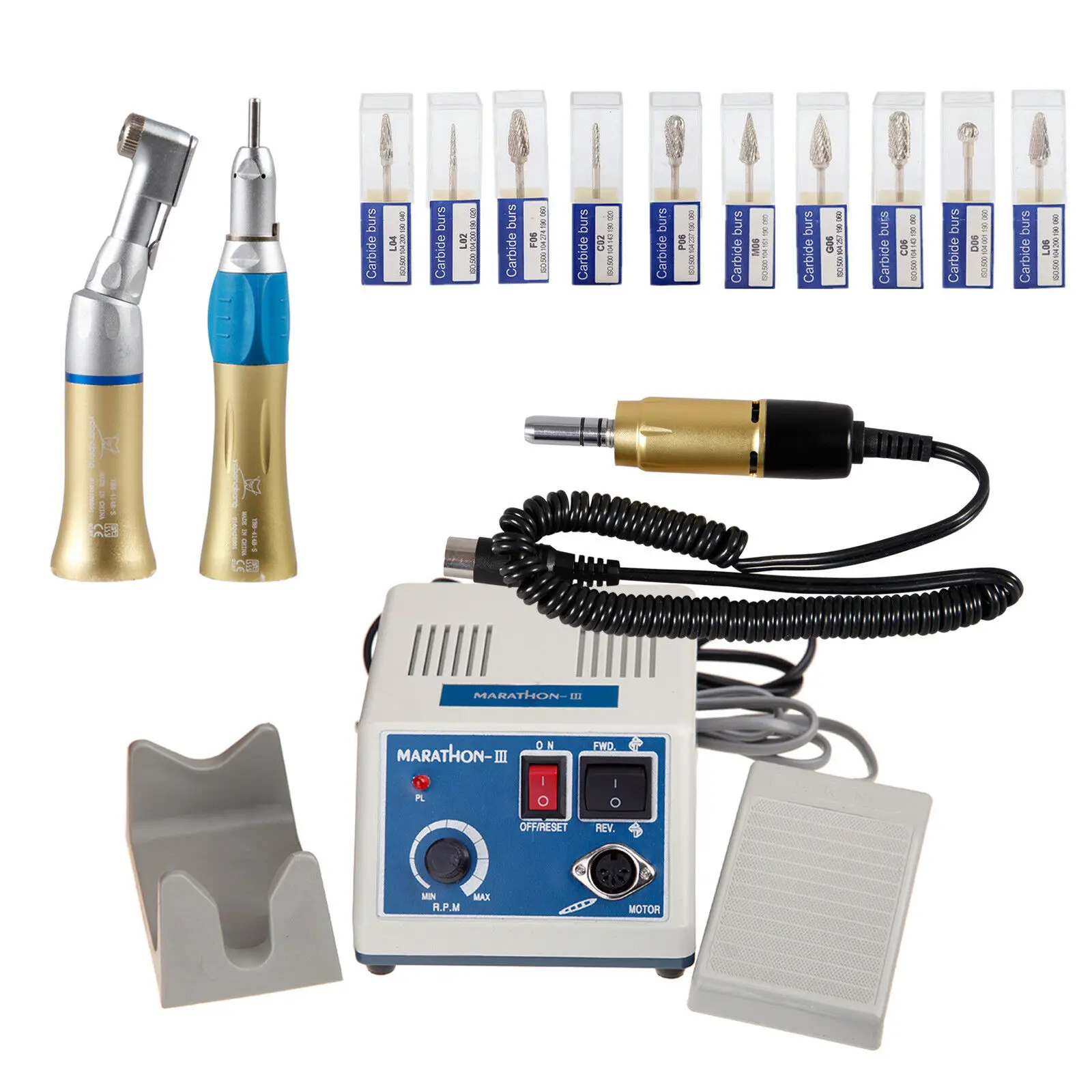 

Dental Marathon Electric Micromotor 35K rpm/Contra Angle Straight Handpiece/10pcs Tungsten Carbide Drill Burs 2.35mm Gold Color