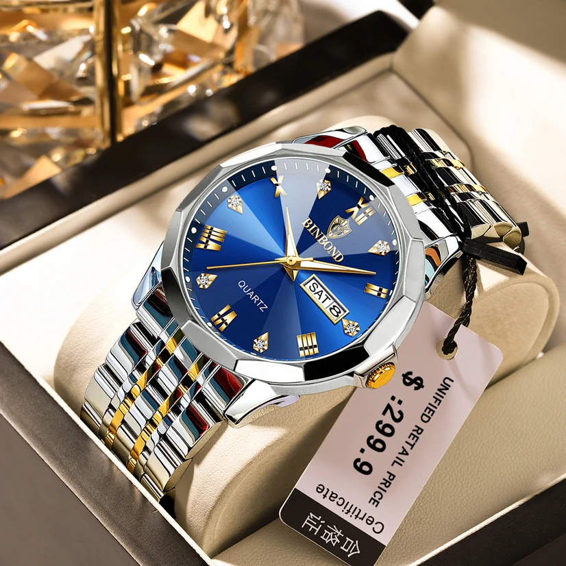 

BINBOND Men's Watch Top Brand Luxury Man Wristwatch Waterproof Luminous Date Week Men Watches Stainless Steel Quartz Male reloj