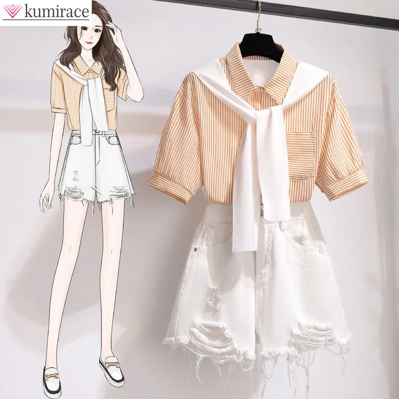 Summer New Striped Poor Home Chiffon Shirt White Worn Jeans Shorts Two-piece Set Elegant Women's Pants Set Female Tracksuit
Summer New Striped Poor Home Chiffon Shirt White Worn Jeans Shorts Two-piece Set Elegant Women's Pants Set Female Tracksuit
