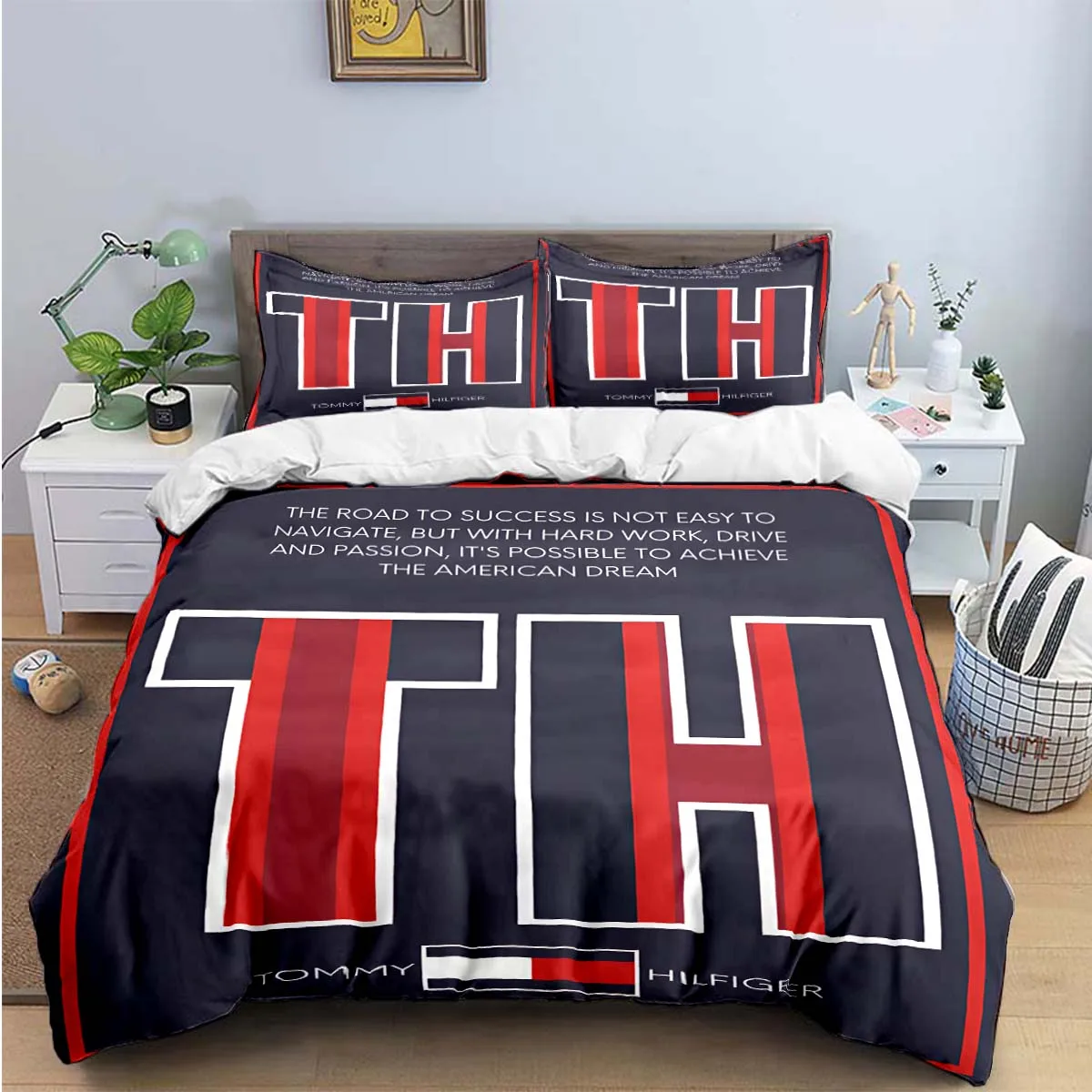 

T-Tommy Hilfiger Logo Printing Bedding Set Duvet Cover Comforter Bed Youth Kids Girl Boys Birthday Gift