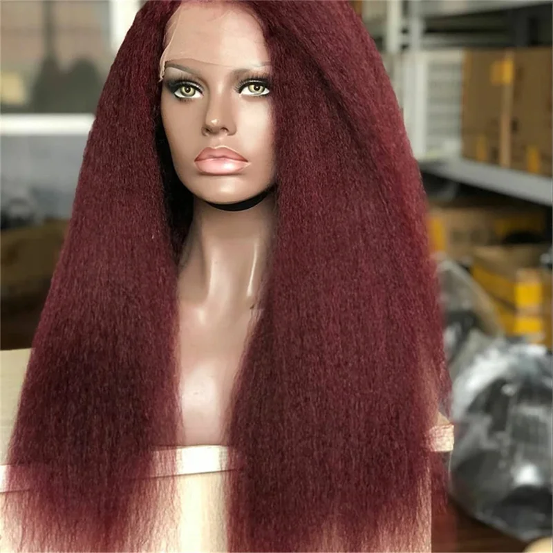 

Preplucked Glueless Burgundy Long 30Inch Yaki Kinky Straight Lace Front Wig For Black women Baby Hair Wine Synthetic daily