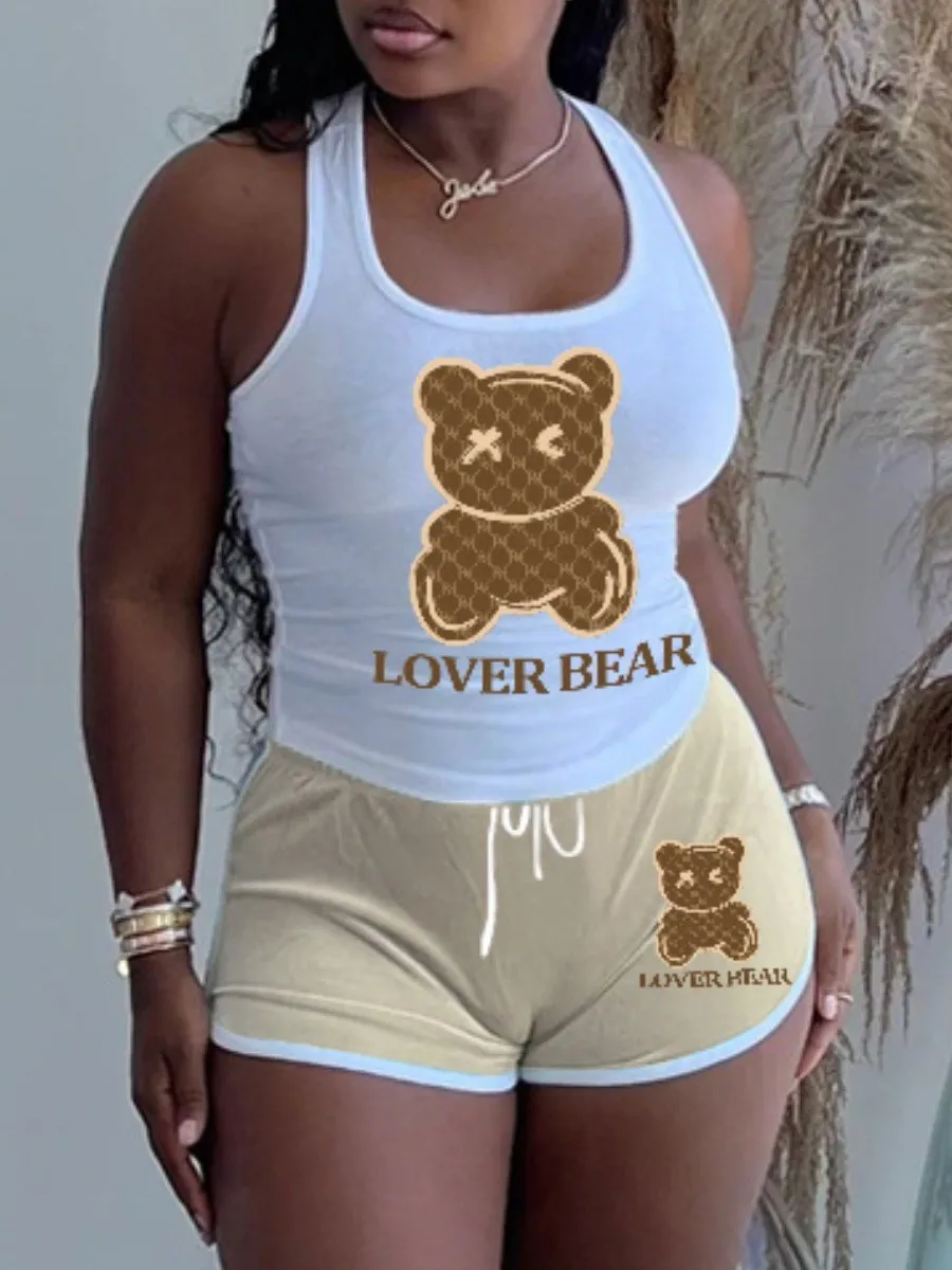 

LW Lover Bear Letter Cartoon Print Shorts Set U Neck Sleeveless Tank Top&Drawstring Matching Bottoms Women Daily 2pcs Suits