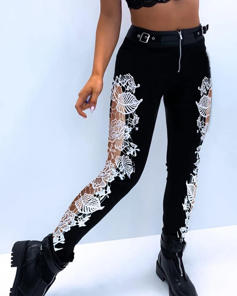 

Women Eyelet Buckled Lace Patch Zipper Design Pants 2023 Spring Autumn Sexy Skinny Long Pants Casual Trousers Female