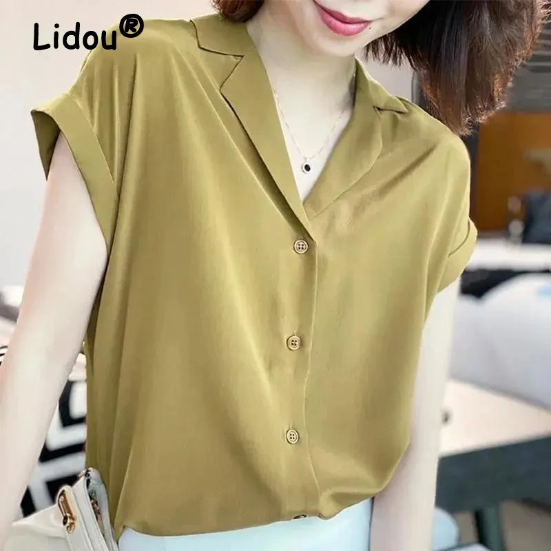 

High Quality Elegant Simple Office Lady Commute Top Blouse Women Summer Fashion V Neck Short Sleeve Solid Loose Button Up Shirts