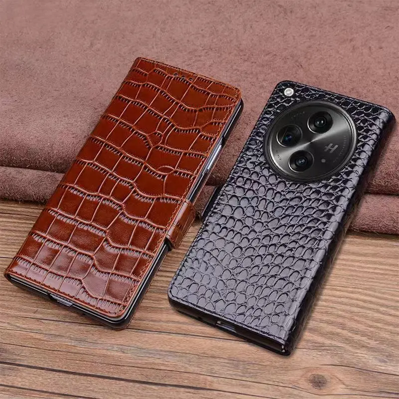 

Genuine Cowhide Leather All-inclusive Flip Case For OPPO Find N3 N2 N 3D Alligator Grids Litchi Grain Magnetic Buckle Full Cover