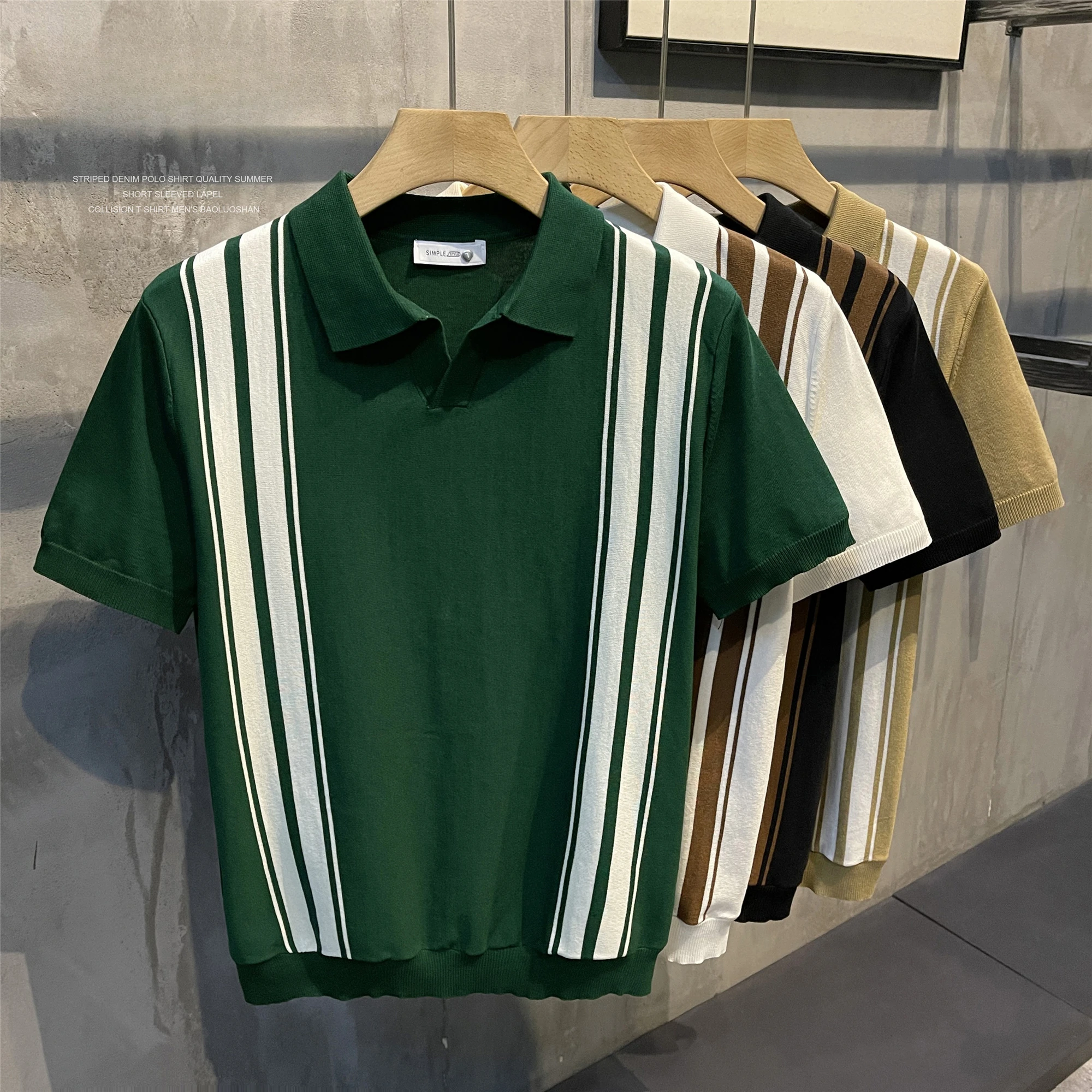 

2024 Summer Casual Slim Knitted Striped Shirts Short Sleeve Polos Mens Shirt Fashion Men Turndown Collar Buttoned Tops B45