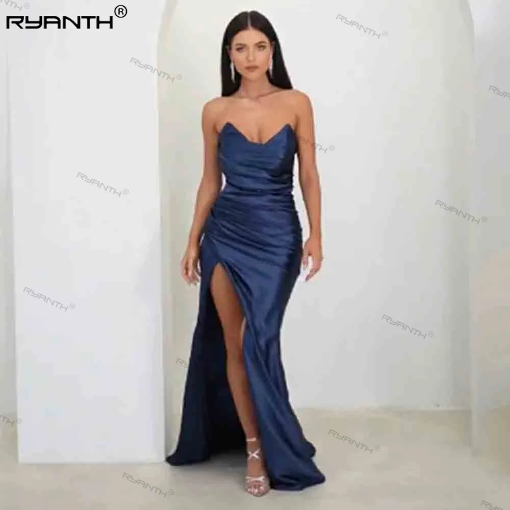 Ryanth Navy Blue Mermaid Prom Dresses High Side Split Strapless Pleated Evening Dress Special Occasion Gowns Vestidos De Noche
Ryanth Navy Blue Mermaid Prom Dresses High Side Split Strapless Pleated Evening Dress Special Occasion Gowns Vestidos De Noche