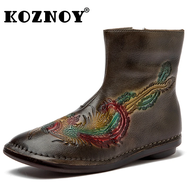 

Koznoy 2cm Autumn Ankle Spring Cow Moccasins Woman Flats Comfy Natural Genuine Leather Boots Booties Winter Plush Embossed Shoes