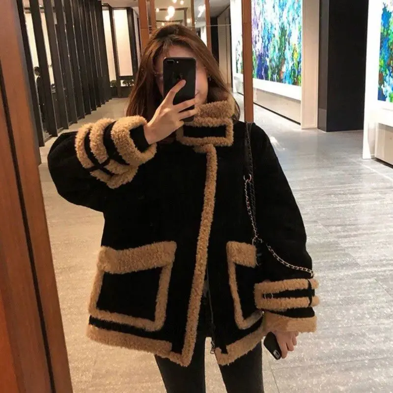 

Oversized Women's Standing Collar Lamb Wool Jacket Winter Motorcycle Jacket Thickened Corduroy Cotton Jacket Cotton Jacket