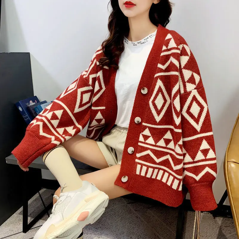 

2023 Autumn/Winter New Diamond Knitted V-neck Long Sleeve Cardigan Slouchy Relaxed Plus Size Leisure Loose Women's Sweater Coat