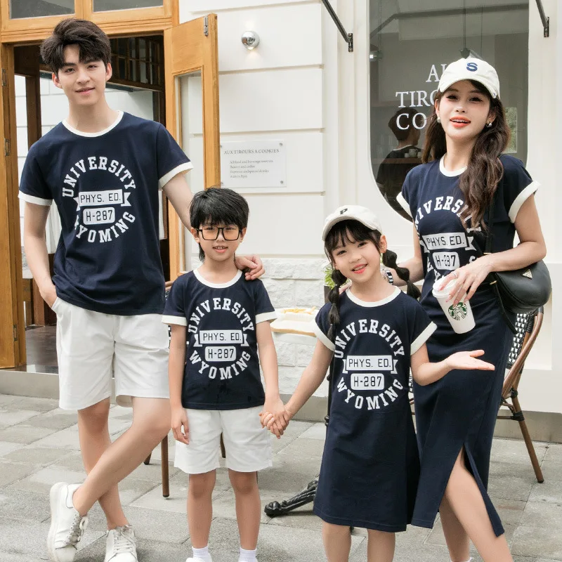 

2024 Summer Clothes for The Whole Family Outfit Mother and Daughter Matching Dress Father and Son Same T Shirts Two Piece Sets